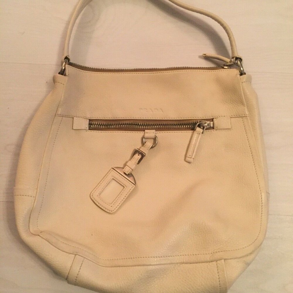 PRADA off white-cream Leather Bag Purse Shoulder Tote Logo tag Authentic handbag